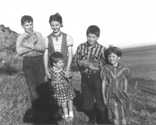 145: l-r Joe Norman, Noreen, Tom and Jenny Kerrivan, Deneise Kerrivan (front). (circa 1958)  [courtesy of Jenny (Kerrivan) Harvie]  - Joe son of Peter Norman &amp;amp; Margaret Norman; Noreen, Tom, Jenny and Deneise children  of Joseph Kerrivan &amp;amp; Madeline Bennett